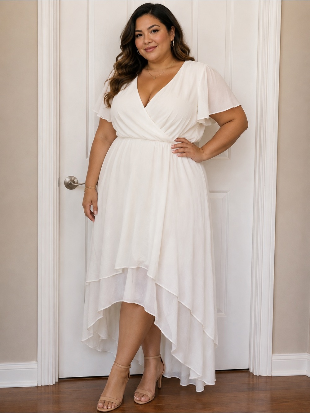 Ever-Pretty Ivory Chiffon High-Low Wrap Plus Size Dress 20